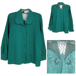 Vintage 1980's Dalin Sz M Green Art to Wear Blouse Beaded Mesh Embroidered Trim